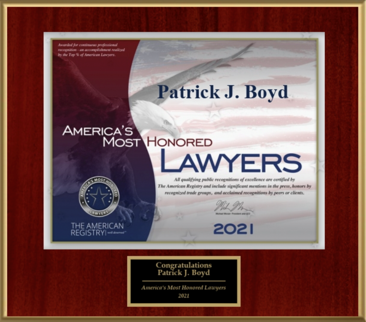 Award - Patrick J. Boyd: America's Most Honored Lawyers 2021